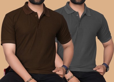 KAJARU Solid Men Polo Neck Grey, Brown T-Shirt