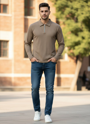 BANSII Self Design Men Zip Neck Beige T-Shirt