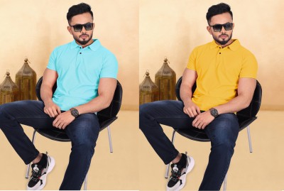 INDICLUB Solid Men Polo Neck Yellow, Light Blue T-Shirt