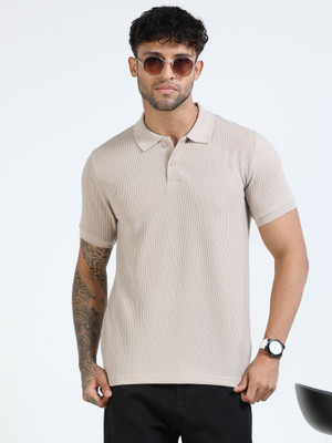 Cool Colors Self Design Men Polo Neck Beige T-Shirt