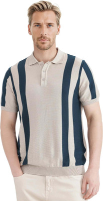 RARE RABBIT Striped Men Polo Neck Beige T-Shirt