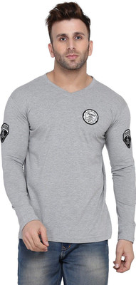 GEUM Printed Men V Neck Grey T-Shirt