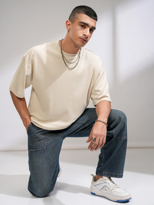 HIGHLANDER Solid Men Round Neck Beige T-Shirt