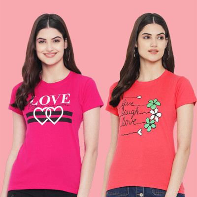 METRONAUT Printed Women Round Neck Pink, Red T-Shirt