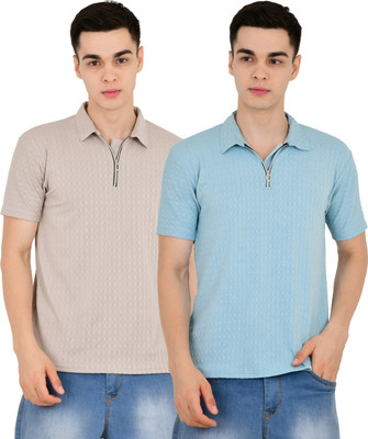 YUALIN CREATION Self Design Men Polo Neck Blue, Beige T-Shirt
