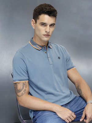 WROGN Solid Men Polo Neck Blue T-Shirt