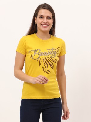 FEDAMSEL Printed Women Round Neck Yellow T-Shirt