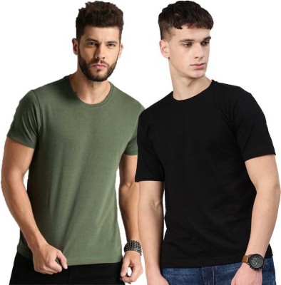 Organic Chics Solid Men Round Neck Black, Light Green T-Shirt