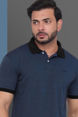 GETGOLF Printed Men Mandarin Collar Dark Blue T-Shirt