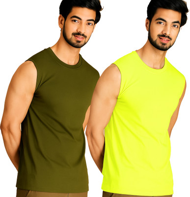 Adorbs Solid Men Round Neck Dark Green, Yellow T-Shirt