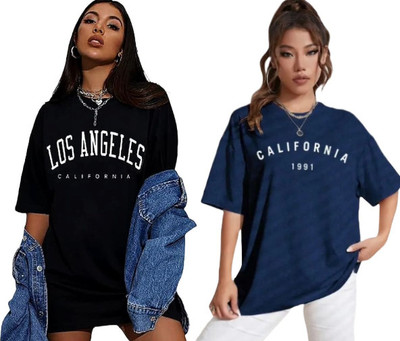 DIAZ Printed Women Round Neck Black, Navy Blue T-Shirt