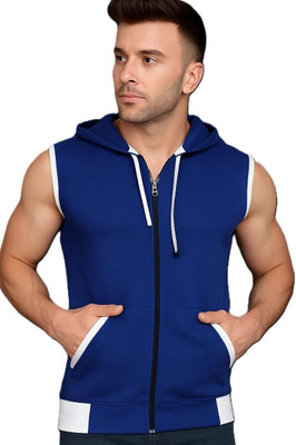 VASTRAART Solid, Sporty Men Hooded Neck Blue, White T-Shirt