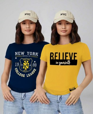 THE DRY STATE Printed Women Round Neck Navy Blue, Yellow T-Shirt