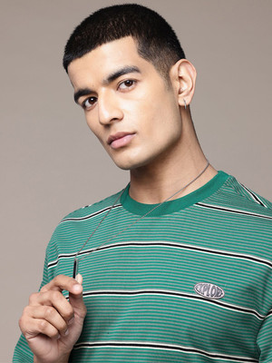 Roadster Striped Men Round Neck Green T-Shirt