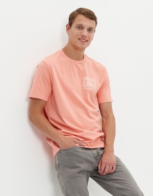 American Eagle Solid Men Round Neck Orange T-Shirt