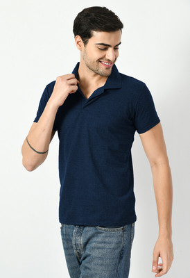 IndiWeaves Solid Men Polo Neck Navy Blue T-Shirt