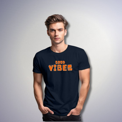 UPCLOTHING Printed Men Round Neck Navy Blue T-Shirt