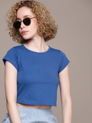 Roadster Self Design Women Round Neck Blue T-Shirt