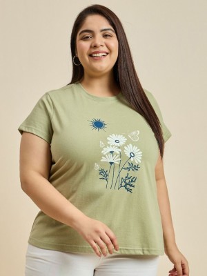 Sztori Printed Women Round Neck Light Green T-Shirt