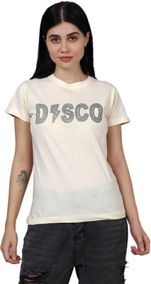 Fabflee Printed Women Round Neck Beige T-Shirt