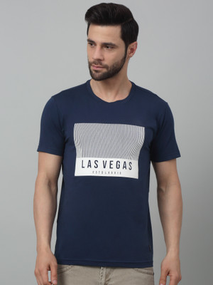 CANTABIL Striped, Typography Men Round Neck Blue T-Shirt