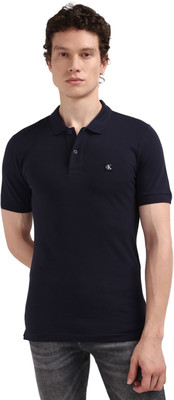 Calvin Klein Solid Men Polo Neck Navy Blue T-Shirt