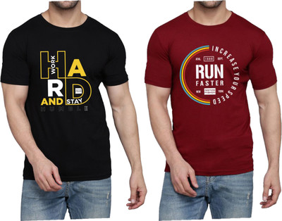 WOOSTRO Printed Men Round Neck Black, Maroon T-Shirt