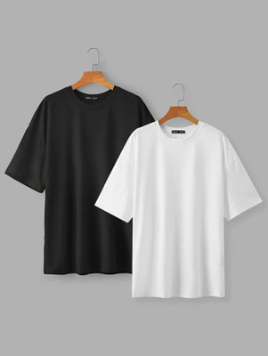 subba store Solid Men Round Neck White, Black T-Shirt