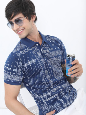 HIGHLANDER Graphic Print Men Polo Neck Dark Blue T-Shirt