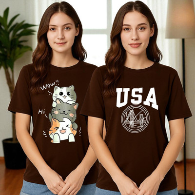 Elvia Printed Women Round Neck Brown T-Shirt