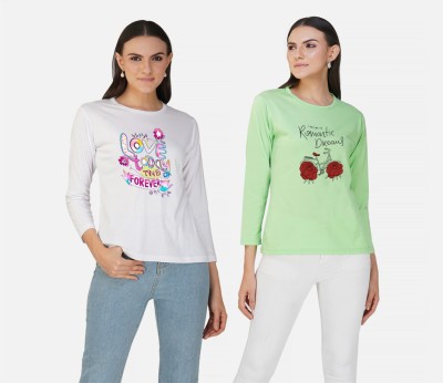 CHOZI Printed Women Round Neck White, Light Green T-Shirt