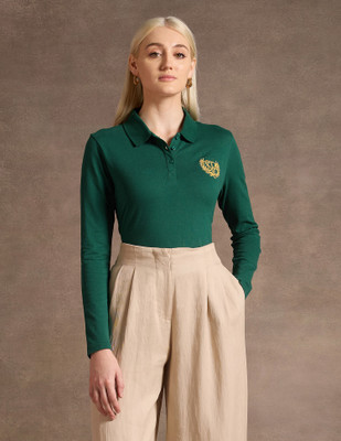 U.S. POLO ASSN. Self Design Women Polo Neck Green T-Shirt