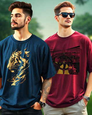 AOOSH Typography Men Round Neck Dark Blue, Maroon T-Shirt
