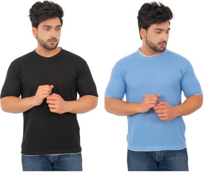 Bliss Bell Solid Men Round Neck Light Blue, Black T-Shirt