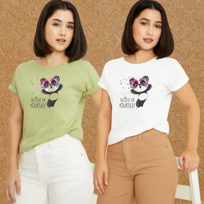 Kasendra Graphic Print Women Round Neck Green, White T-Shirt