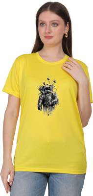 Kreovate Graphic Print Women Round Neck Yellow T-Shirt