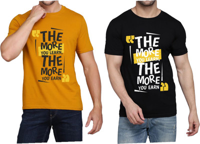 WOOSTRO Printed Men Round Neck Brown, Black T-Shirt