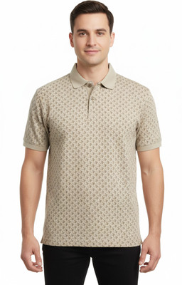 VOMAZO Self Design Men Polo Neck Beige T-Shirt