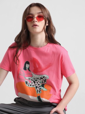 ONLY Printed Women Round Neck Pink T-Shirt