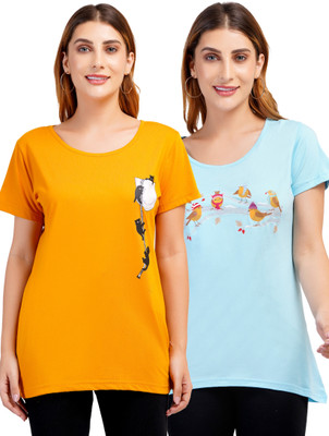 Romaisa Floral Print Women Round Neck Reversible Yellow, Light Blue T-Shirt