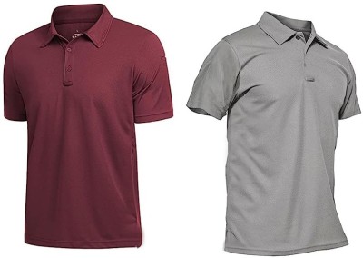 ukal Solid Men Polo Neck Black, Maroon T-Shirt