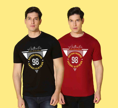 WOOSTRO Printed Men Round Neck Black, Maroon T-Shirt