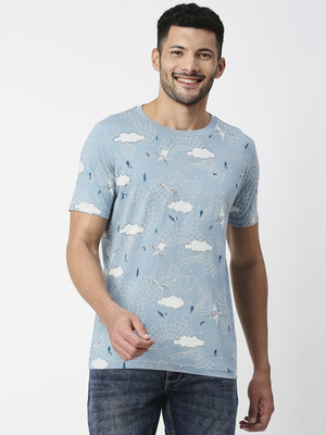 BASICS Printed Men Crew Neck Blue T-Shirt