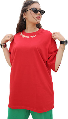 BLOOPERS Printed Women Round Neck Red T-Shirt