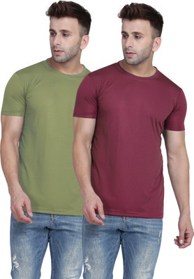 TQH Solid Men Round Neck Light Green, Maroon T-Shirt