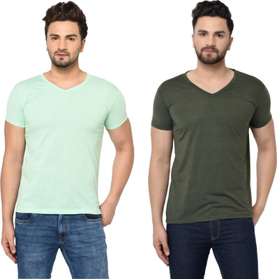 Tresna Trendy Solid Men V Neck Green T-Shirt