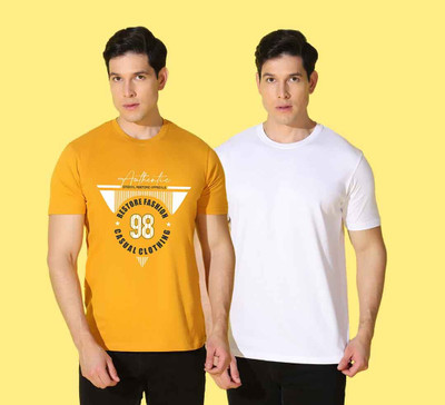 WOOSTRO Printed, Solid Men Round Neck Yellow, White T-Shirt