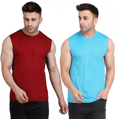 MR THINK Solid Men Round Neck Maroon, Light Blue T-Shirt