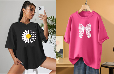 RAPTUROUS Printed Women Round Neck Black, Pink T-Shirt