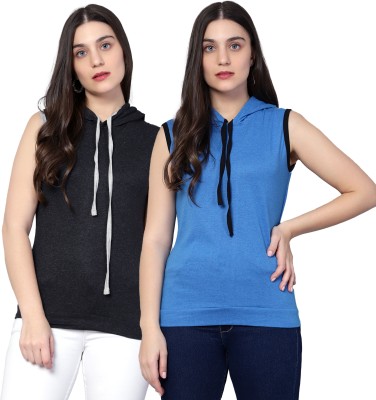 Ayvina Solid Women Hooded Neck Blue, Black T-Shirt